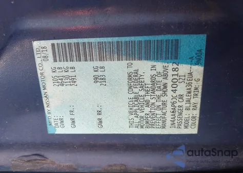 2018 Nissan Maxima 3.5 Sl z USA, uszkodzony, nr VIN 1N4AA6AP6JC400182